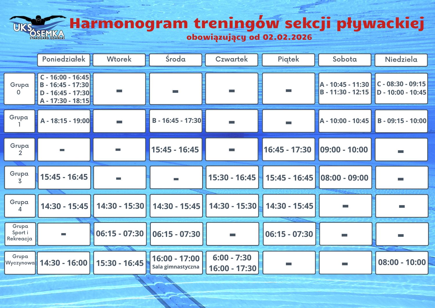 Harmonogram treningów obowiązujący od 02.02.2026