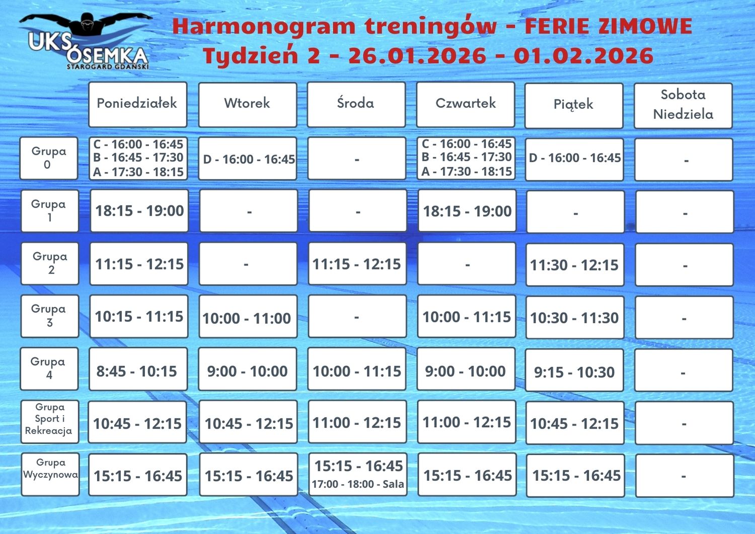 Harmonogram treningów - 2 tydzień ferii zimowych