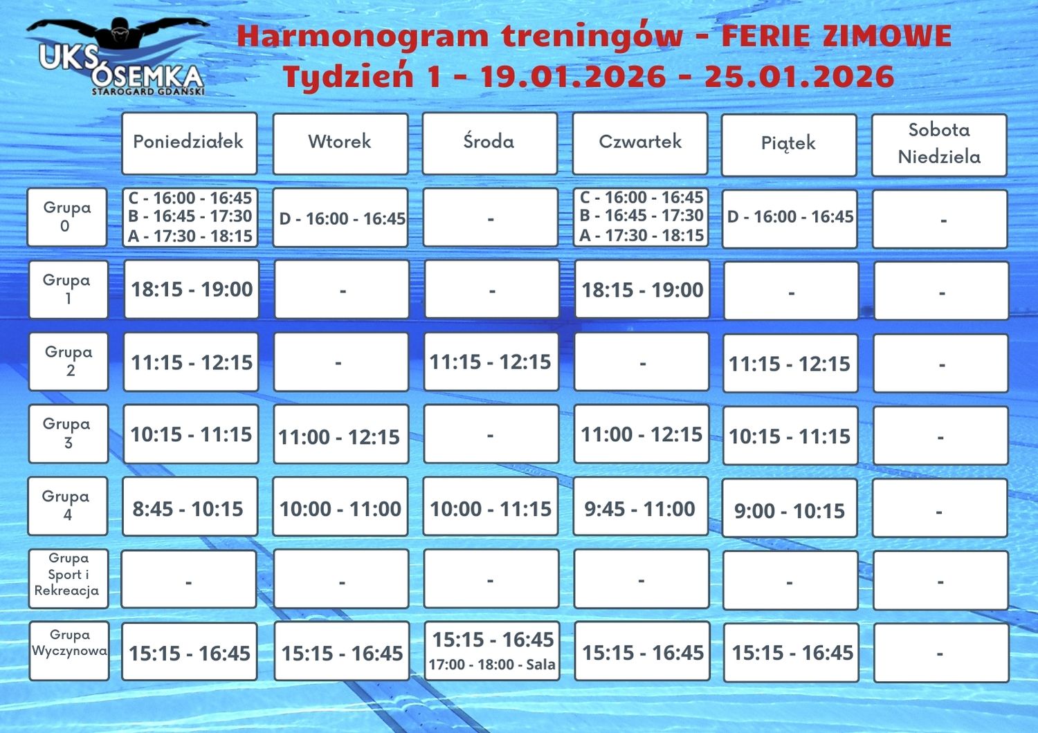 Harmonogram treningów - 1 tydzień ferii zimowych