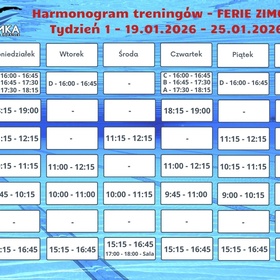Harmonogram treningów - 1 tydzień ferii zimowych