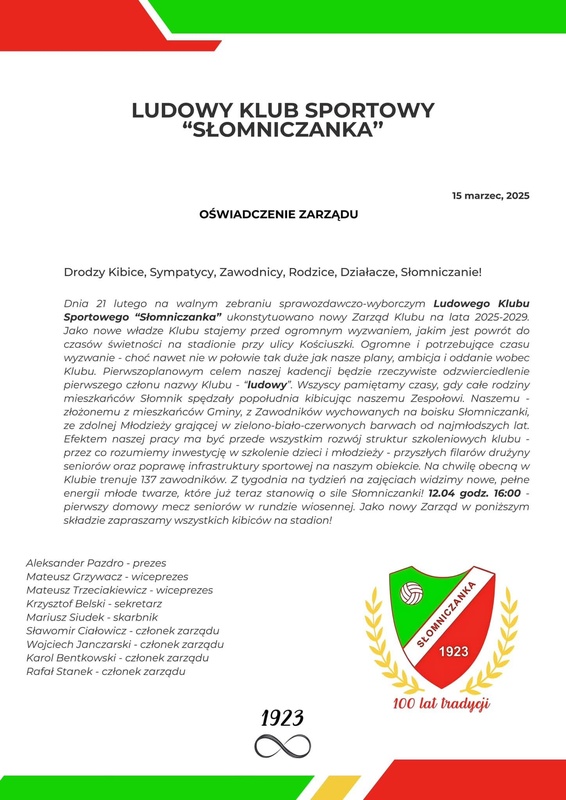 Oświadczenie nowego Zarządu Klubu!