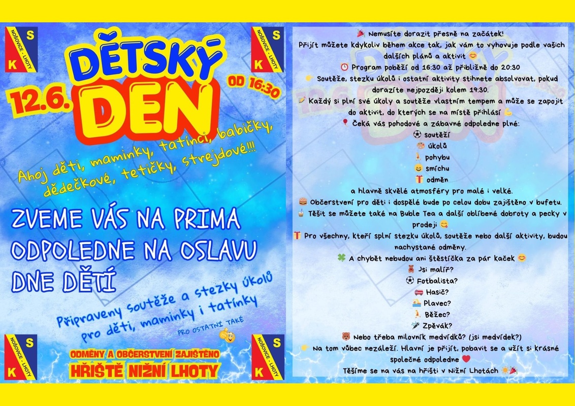 Dětský den v Nižních Lhotách nabídne soutěže, zábavu i pohodové odpoledne pro celou rodinu