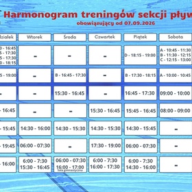 Harmonogram treningów pływackich obowiązujący od 07.09.2026 r.