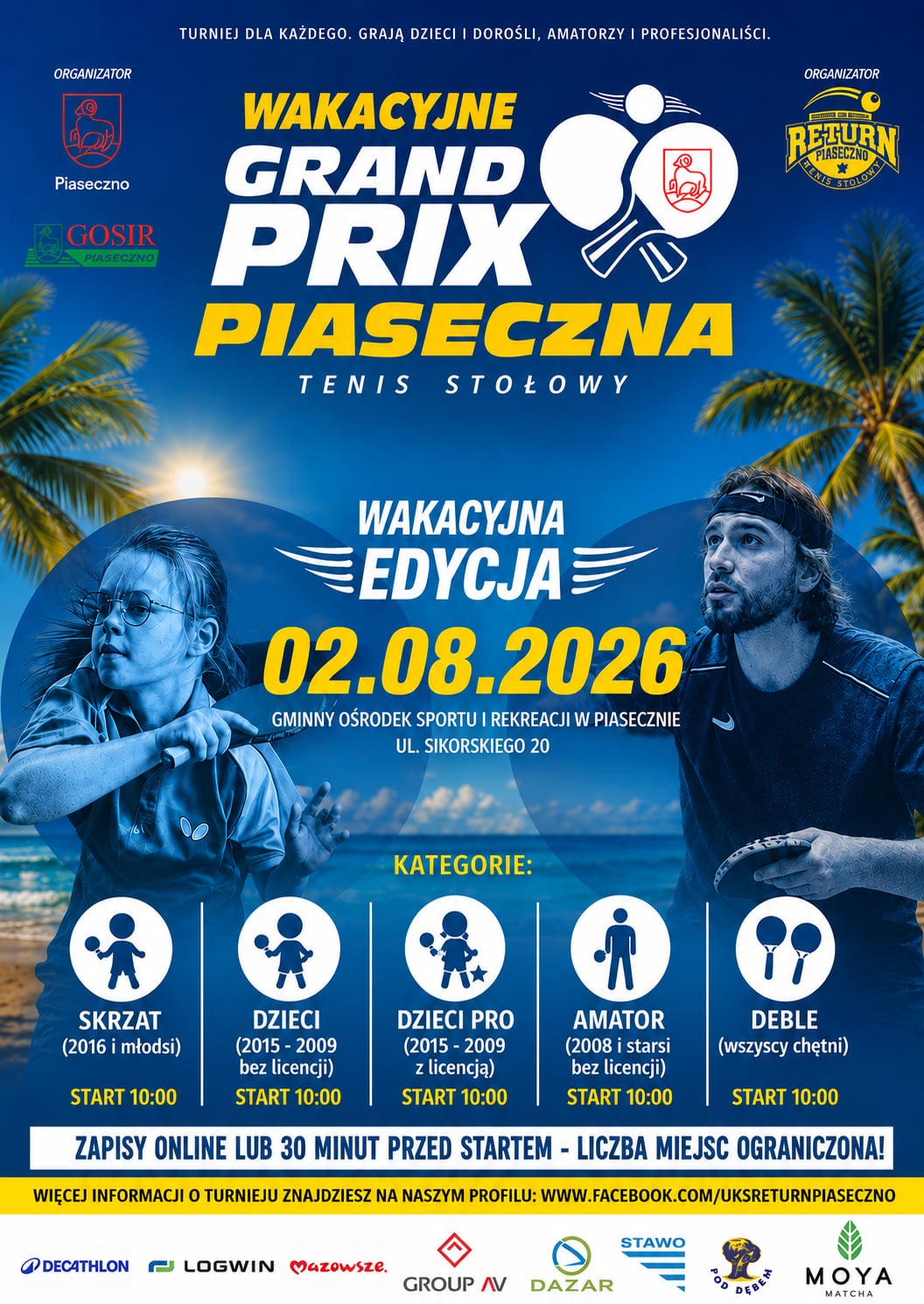 Wakacyjne Grand Prix Piaseczna w tenisie stołowym - 2 sierpnia 2026, hala GOSiR Piaseczno