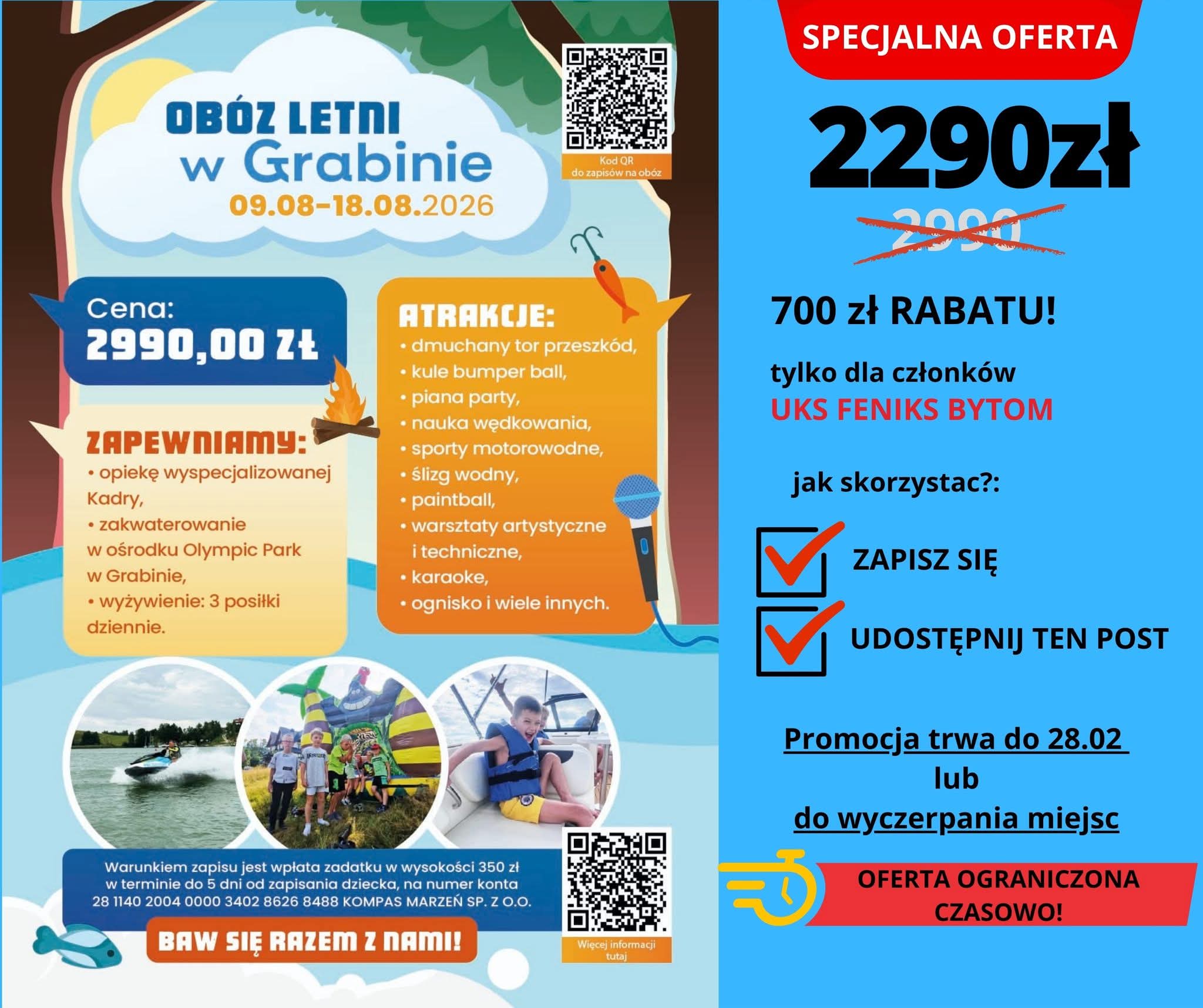 OBÓZ LETNI W GRABINIE 2026 - PROMOCJA 700,00 ZŁ TYLKO DLA NASZYCH ZAWODNIKÓW!